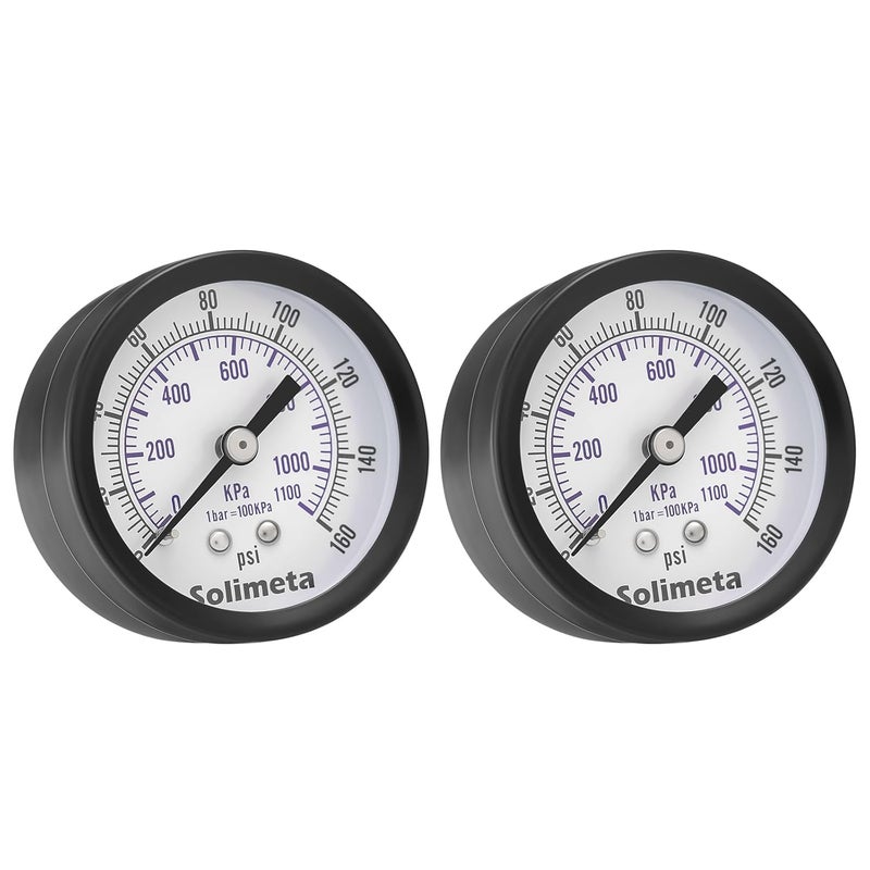 Solimeta Air Pressure Gauge for Air Compressor Air Filter, 2" Dial Center Back Mount, 1/4" NPT,0-160 Psi, 2PCS - Image 1